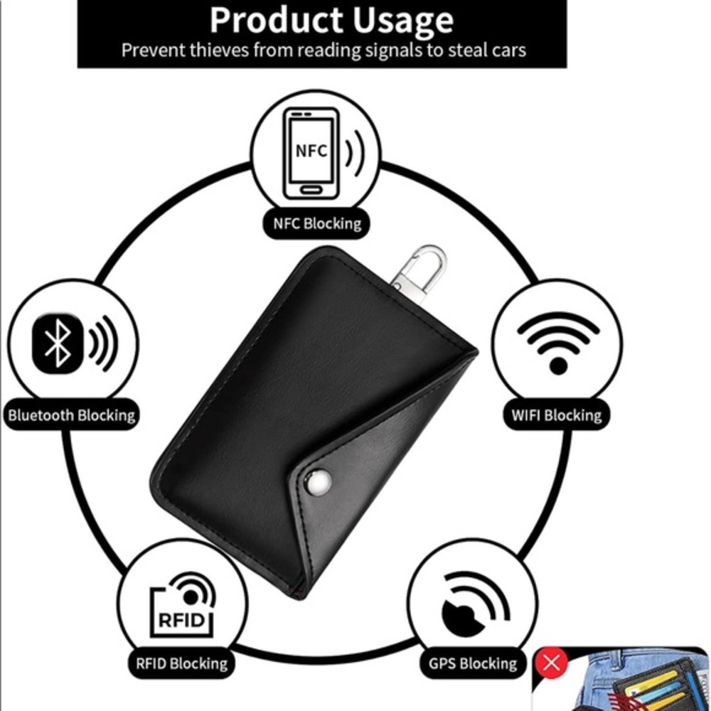 100% Leather Key Fob Signal Blocker - Car Key RFID Signal Blocking Wallet Black